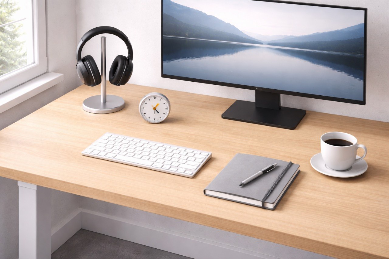 Moderner Homeoffice Arbeitsplatz mit Akustikpaneelen an der Wand und professionellem Setup